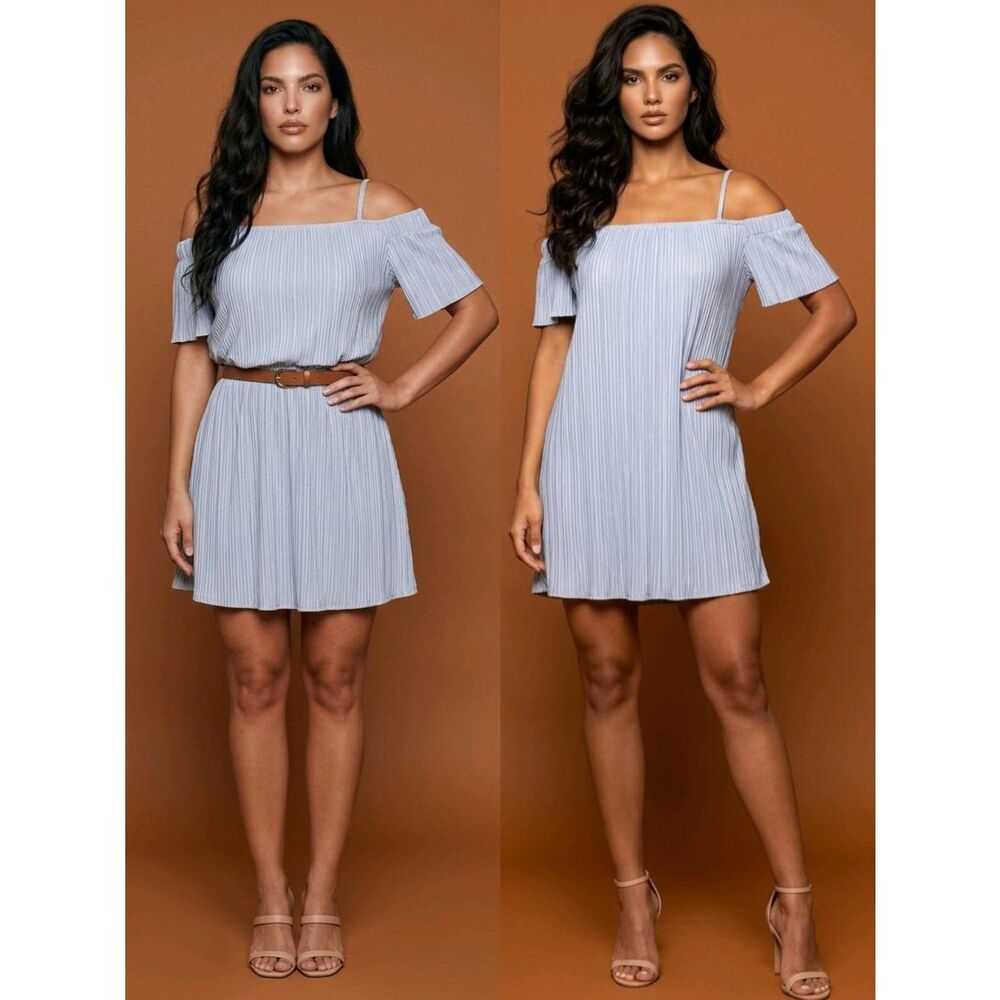 🔹️NWT Signature Studio Blue Gray Off Shoulder Crinkle Dress Small